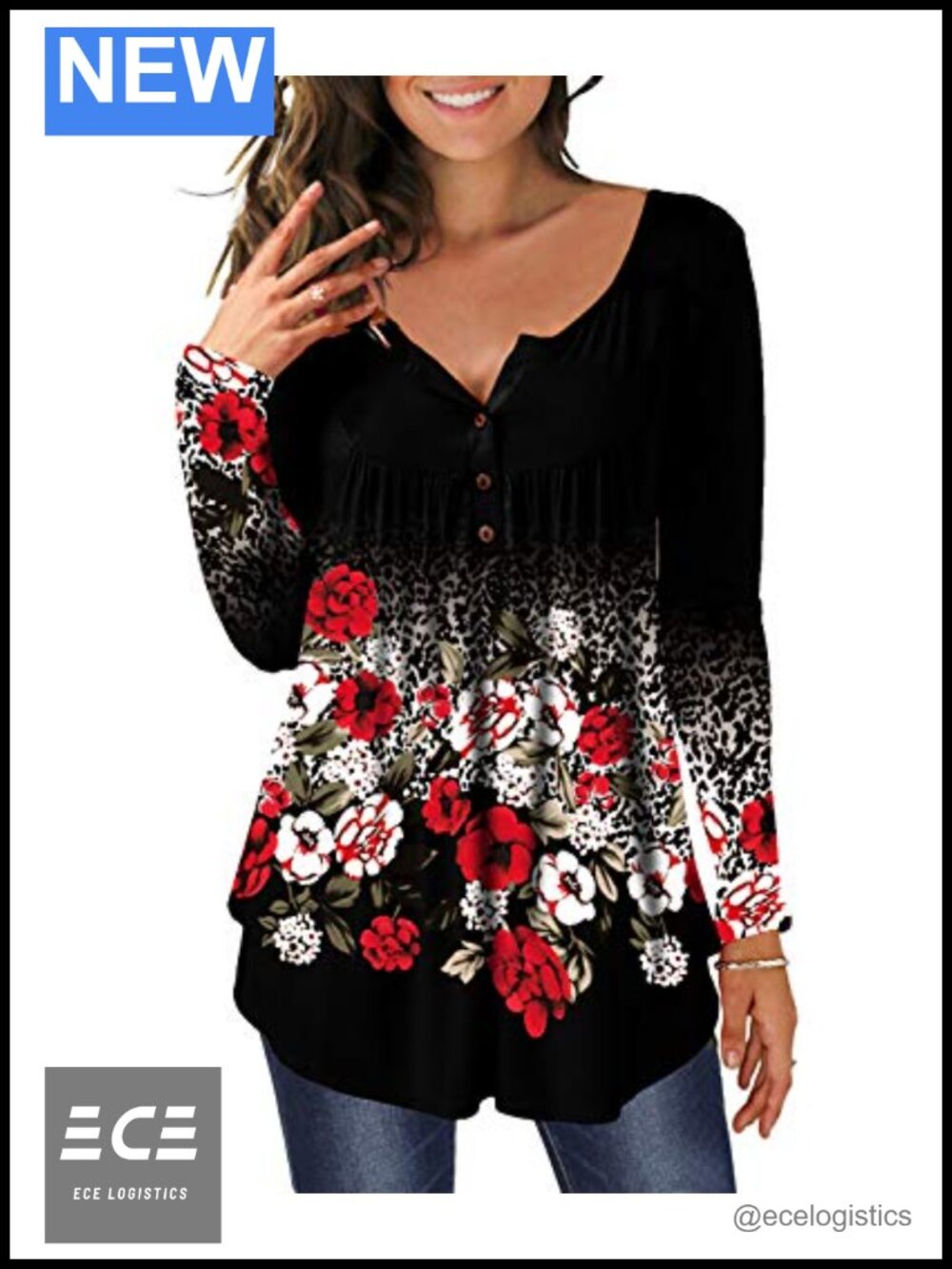 Womens Floral Tunic Top Loose Button Front V Neck Long Sleeve Blouse